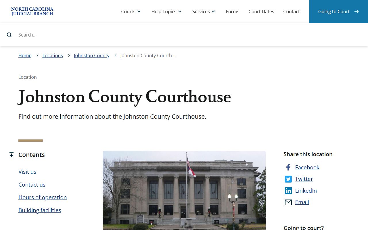 Johnston County Courthouse page with address, mailing address, phone, hours, and accessibility note