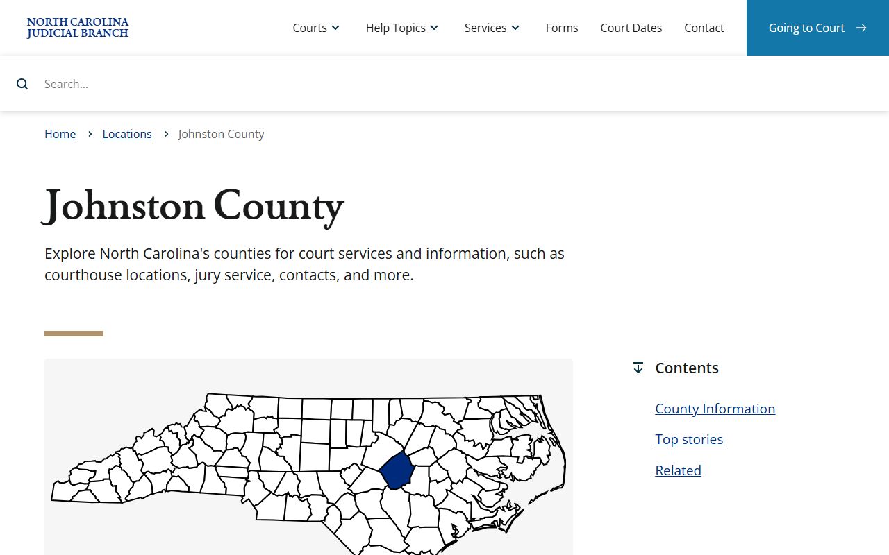North Carolina Judicial Branch Johnston County page with courthouse, contacts, calendars, payment, and local rules links