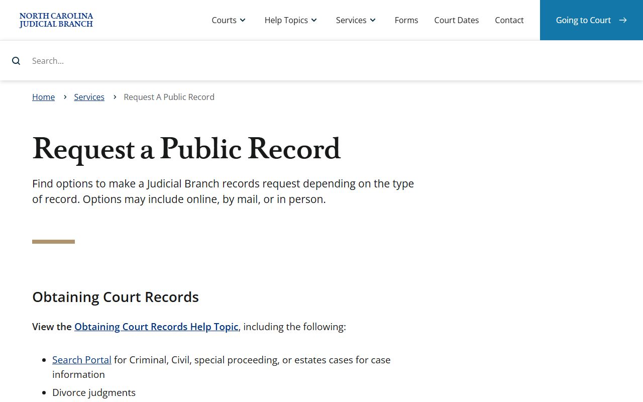 North Carolina Judicial Branch public-record request page explaining court records and other record request options
