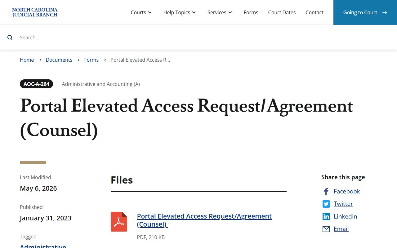 Portal Elevated Access Request Agreement AOC-A-264 form page for counsel access