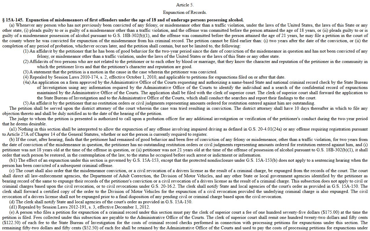 Johnston County criminal court records expunction statute
