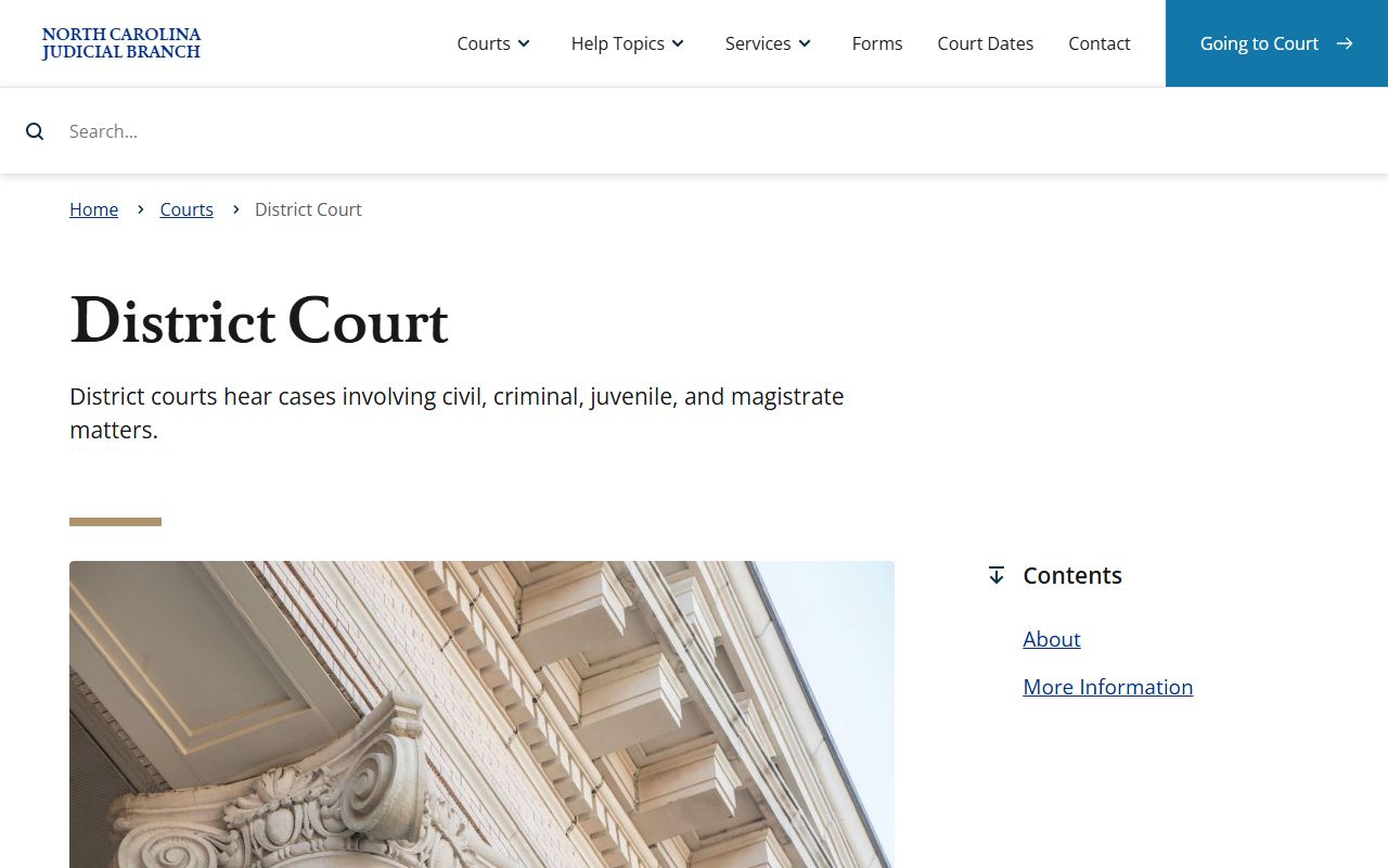 North Carolina District Court page describing family, civil, misdemeanor, and infraction jurisdiction