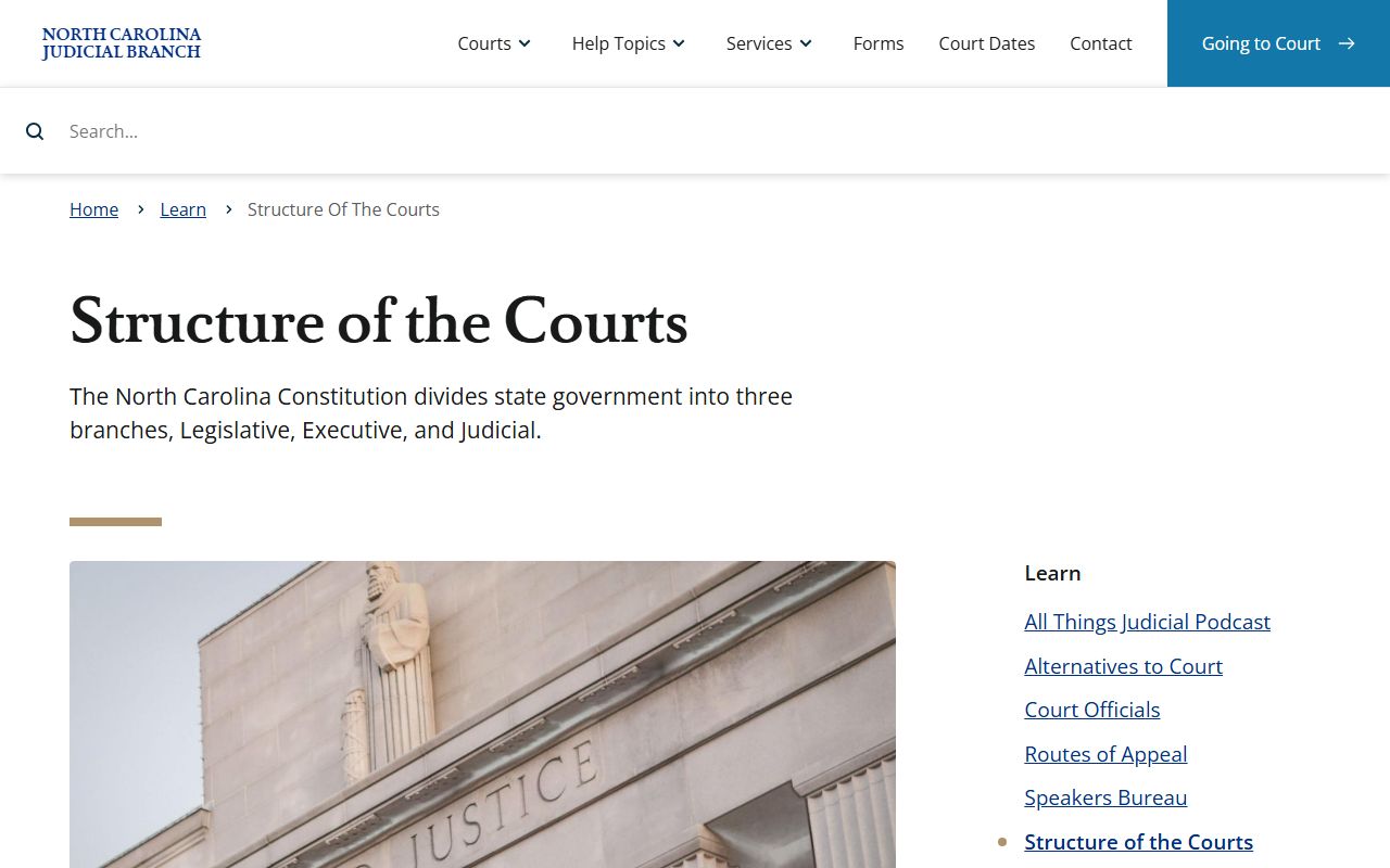 North Carolina Judicial Branch structure page dividing the court system into appellate, Superior Court, and District Court divisions