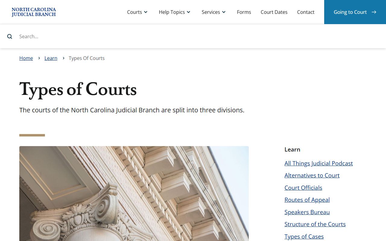 North Carolina court-types page describing Supreme Court, Court of Appeals, Superior Court, District Court, and magistrates