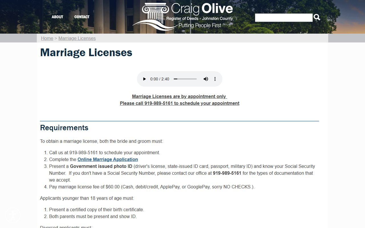 Johnston County marriage records marriage license appointment page