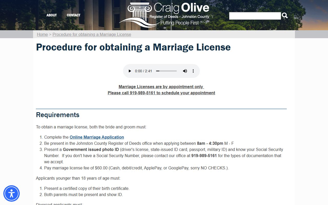 Johnston County marriage records license procedure page
