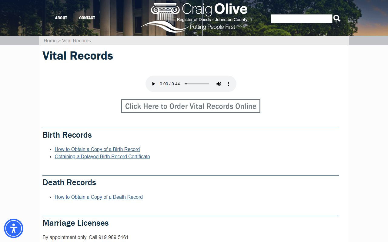 Johnston County marriage records Register of Deeds vital records page