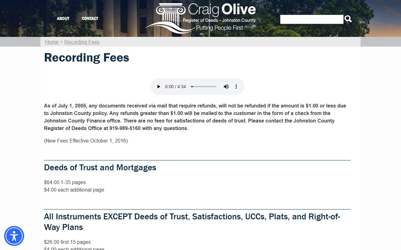 Johnston County marriage records Register of Deeds recording fee page