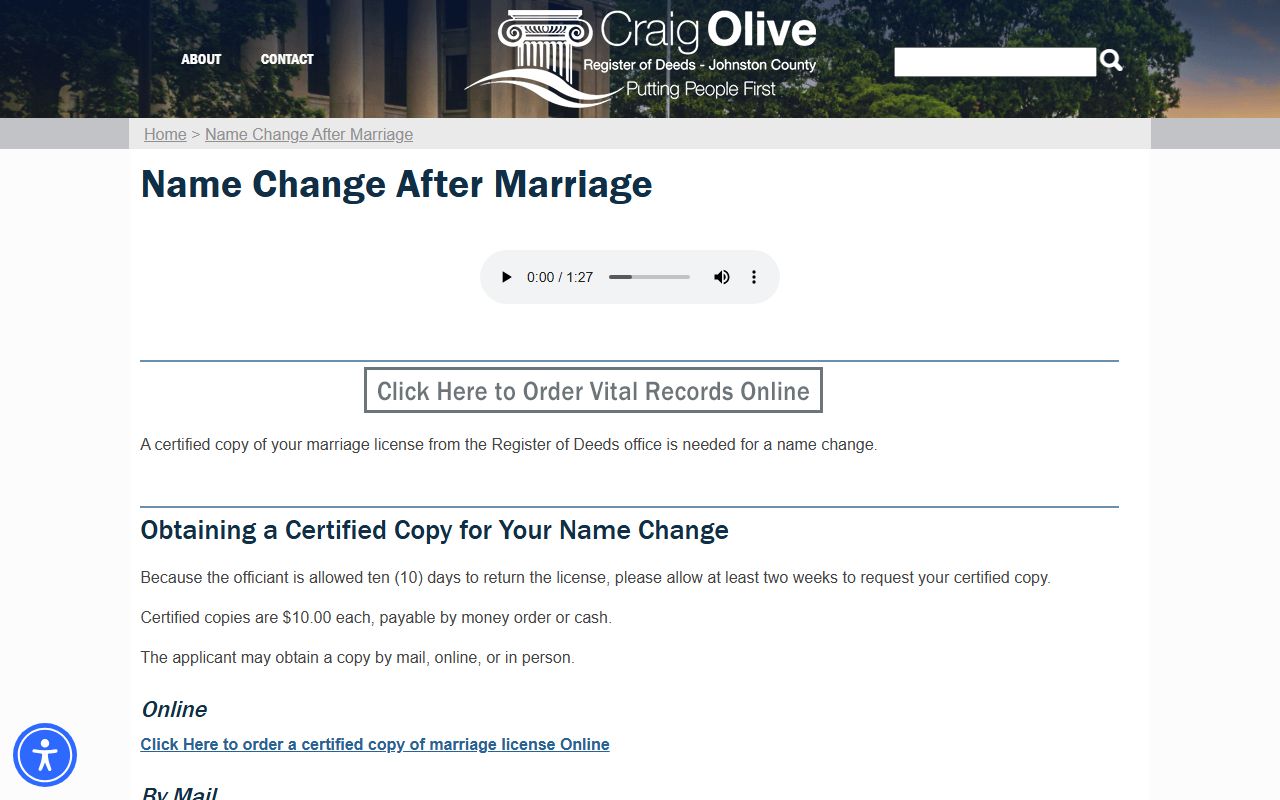 Johnston County marriage records certified copy for name change page