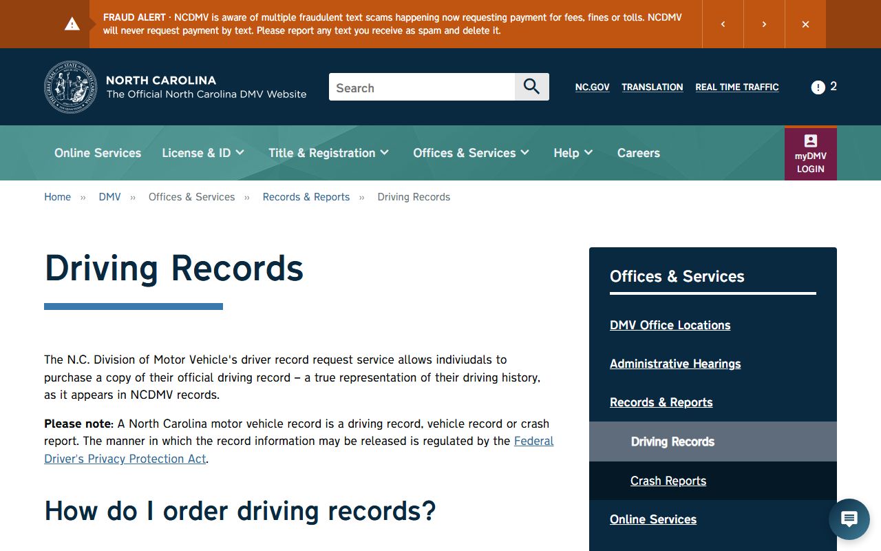 Johnston County traffic court records NCDMV driver record ordering page